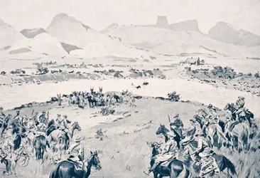 Südafrika. Beyer-Truppen kapitulieren am Vaal-Fluss nach der Maritz-Rebellion, 8. Dezember 1914, aus 